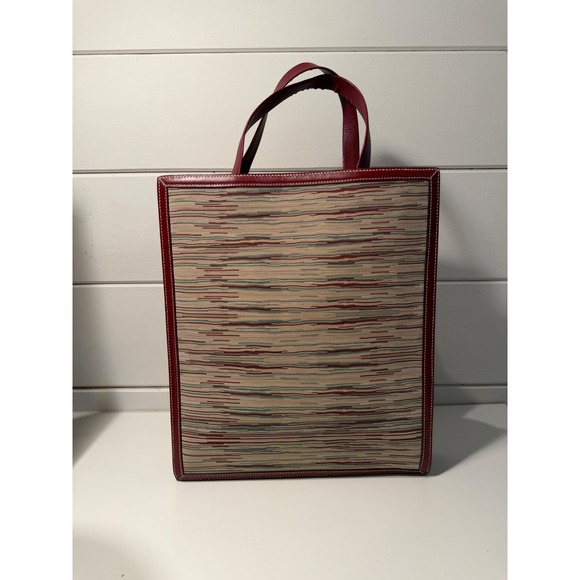 Hermès Paris Handbags - Hermes Vintage Tote Bag Burgundy Red Leather Woven Textile Striped Made in Franc